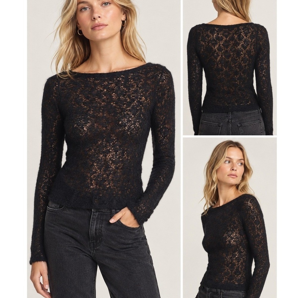 Abercrombie & Fitch Y2K Bodysuit Women S Black Pointelle Merino Wool Lace